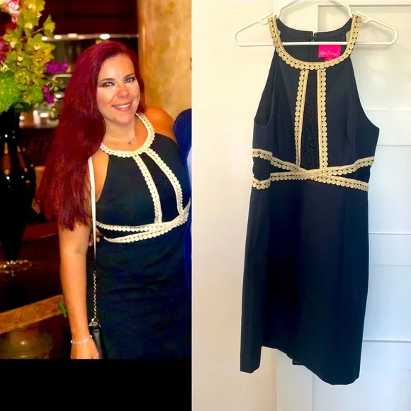 Lilly Pulitzer black lace cocktail dress with gold detailing SZ 14